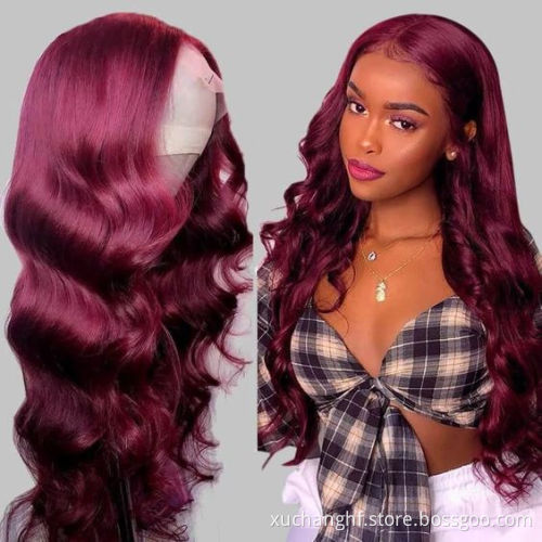 Body Wave Colored Human Hair Lace Front Wigs 180% Density HD Transparent Wig 99J Red Burgundy Remy Brazilian Wig For Black Women